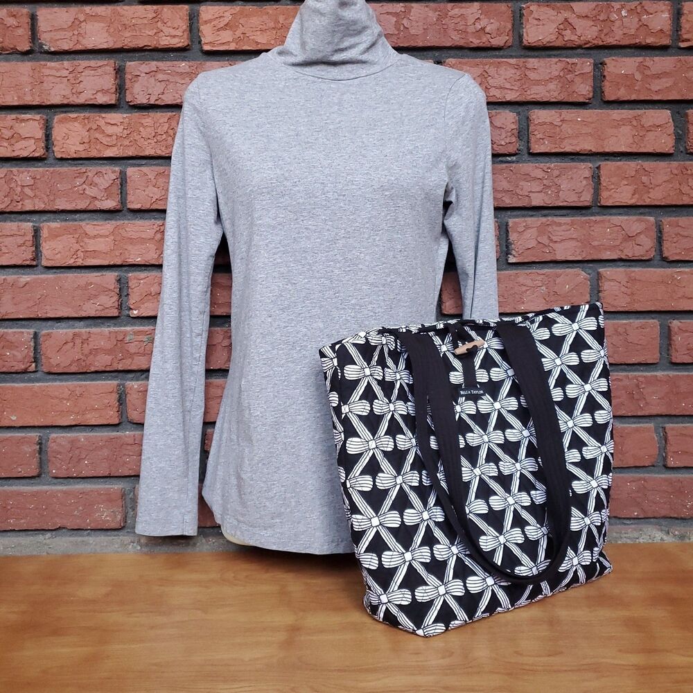 Bella Taylor Quilted Tote Shoulder Bag Black White Cotton Double Handle Charm